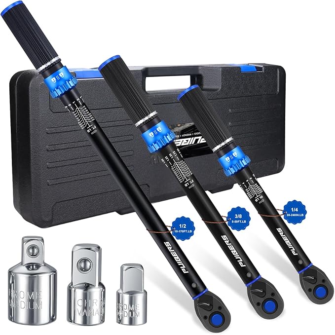 Torque Wrench Set 1/2 3/8 1/4 inch Drive Click, 3Pcs Torque Wrenches 10-170 FT.LB,5-50FT.LB,20-240IN.LB, Inch pound Torque Wrench with 3 Pcs Adapter for Bike,Car, Truck,Tractor
