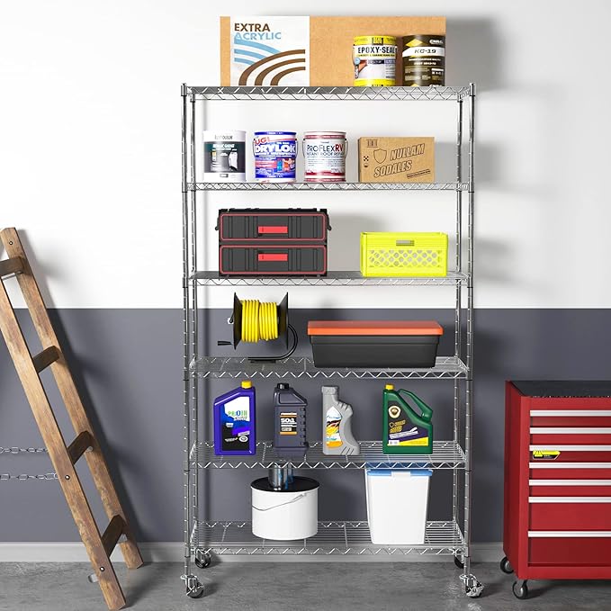 BestOffice Wire Shelf Adjustable Organizer 6 Wire Shelving Unit Metal Storage Shelves, NSF Utility Commercial Grade Heavy Duty 2100 LBS Capacity-18x45x82,Chrome