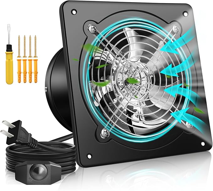 6 Inch Exhaust Fan with Speed Controller, 358CFM Wall Mount Exhaust Fan for Kitchen, Metal Ventilation Extractor Fan with Damper for Bathroom, Garage, Attic, Shop, Pet Room, Smoking Room, Basement