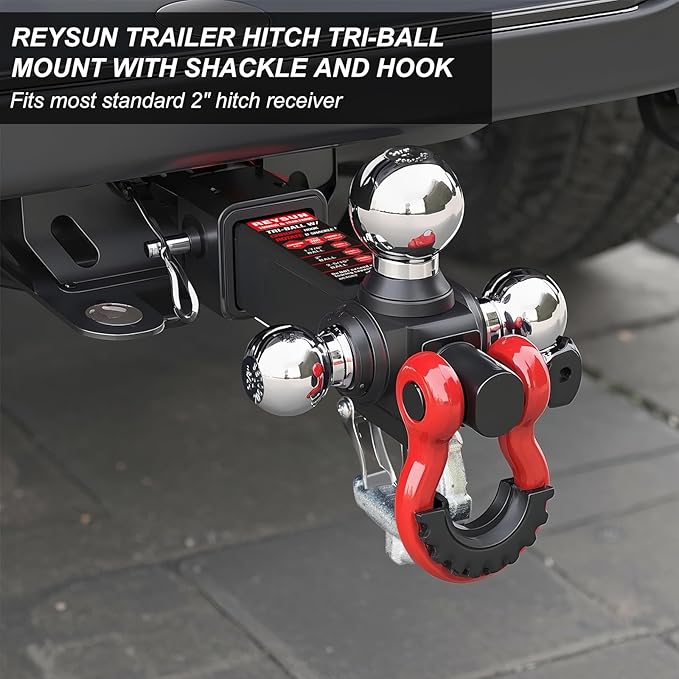 Trailer Hitch Tri-Ball Mount: with Swivel Tow Shackle and Tow Hook, fits for 2-inch Receiver, Chrome Trailer Ball Size 1-7/8", 2" and 2-5/16" and 5/8" Hitch Lock Pin