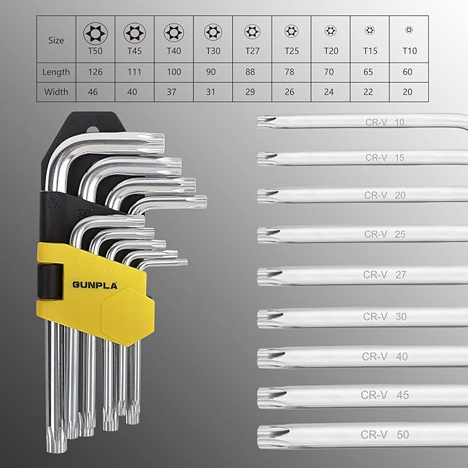 Gunpla 9PCS Hex Key Allen Wrench, Torx Hex Key Allen Star Short Arm Wrench Hex Keys Security Torx End Holes with Storage Case T10-T50 for Home Maintenance DIY, Auto Repair
