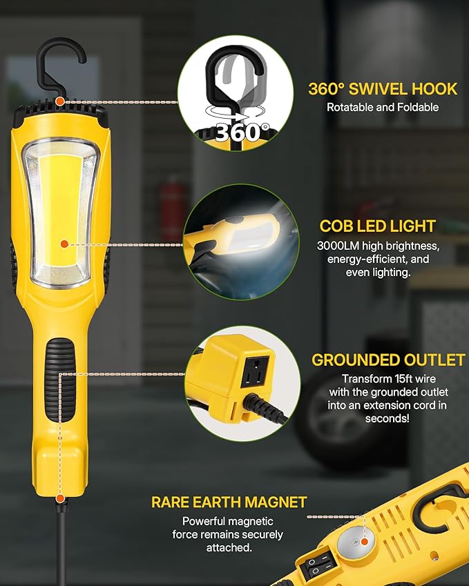 24W LED Work Light, 15FT 3000LM COB LED Light, Handheld Underhood Trouble Light with Cord 16 Gauge SJTW, Swivel Hook, for Garage, Workshop, Car Repair Scene, ETL Listed, Yellow Y05WL06