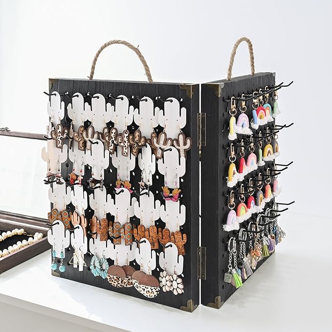 MOOCA Wooden Foldable and Portable 2 Panel Pegboard Jewelry Display Organizer with 48 Removable Black Metal Hooks & Convenient Rope Handle for Easy Carrying, Dual-Sided Panels for Hanging, Black Color