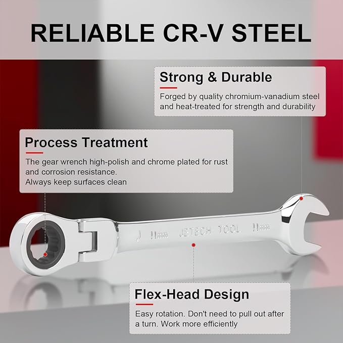 Jetech 11mm Flex-Head Ratcheting Combination Wrench, Premium Industrial Grade Spanner 72-Tooth Cr-V Steel - 180 Degree Flexible Box End Perfect for Tight Spaces, Auto & DIY Repair