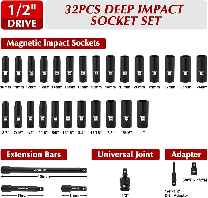 EMENTOL 32PCS 1/2" Drive Socket Set, Deep Impact Sockets, SAE(3/8"-1") and Metric(10-24mm), Including Extension Bars, Universal Joint, Drill&Socket Adapter, 12 Point Design, Cr-V Steel