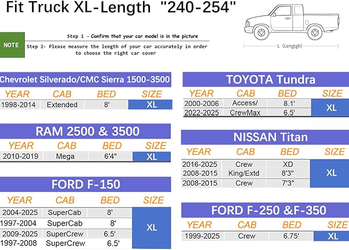 Truck Cover Waterproof All Weather, Full Outdoor Pickup Rain UV Protection and Durable, Fit for Ford F150, Chevy Silverado 1500, Gmc Sierra, Toyota Tundra ect.(Fit Truck XL-Length 240 to 254 inch)