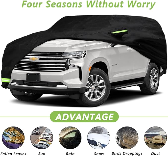YIXIN Waterproof Car Cover for 2007-2026 Chevrolet Tahoe/GMC Yukon/Cadillac Escalade Car Cover Custom Fit 100% Waterproof Windproof Strap & Single Door Zipper Up to 213” L (Black)