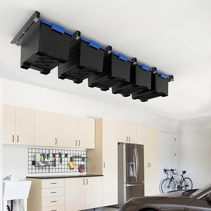 EVERHANGER Ceiling Storage Rack, Heavy Duty Overhead Storage Rack for Garage, Adjustable Ceiling Bin Storage System, 6 Sets for 5 Bins, 16 Inch
