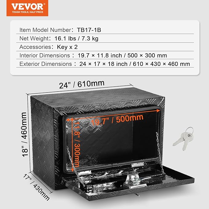 VEVOR Underbody Truck Box, 24" x 17" x 18", Heavy Duty Aluminum Diamond Plate Tool Box with Lock and Keys, Waterproof Trailer Storage Box with T-Handle Latch for Truck, Van, Trailer