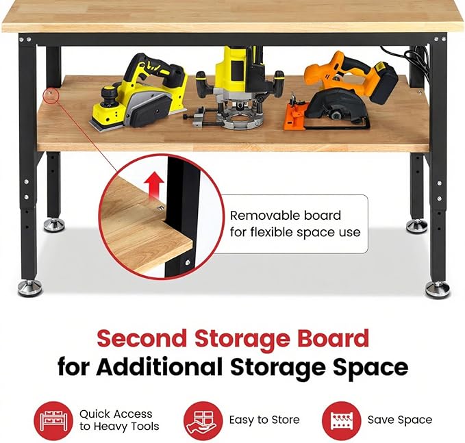 ENJOYWOOD 60" x 22" Heavy Duty Workbench Adjustable Height Garage Work Table with Solid Rubberwood Top, Pegboard & Power Outlets for Workshop, Home & Office