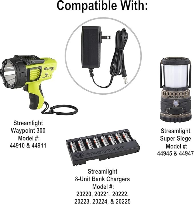 Streamlight 44909 120V AC Charger and Cord for use with Streamlight WayPoint 300 Spotlight Flashlights, Super Siege Lanterns, and Li-ion 8-Unit Bank Chargers, Black