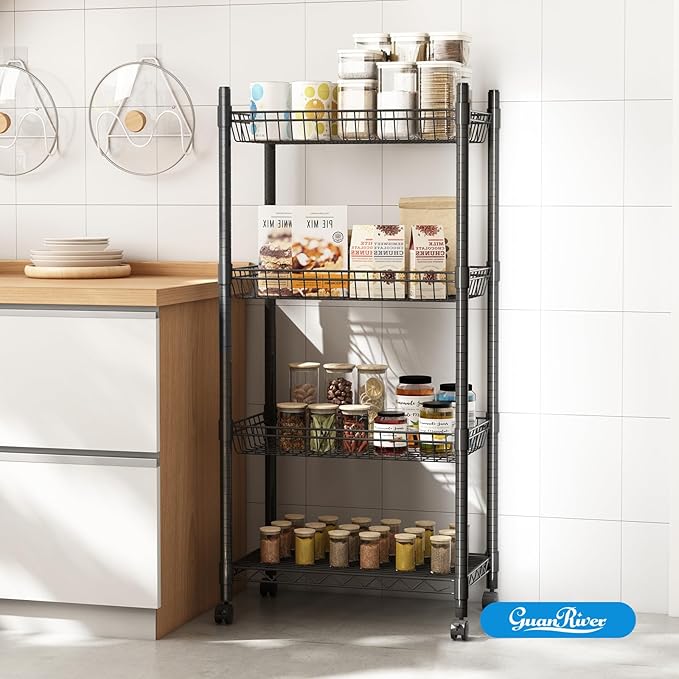Guan River 4 Tier Wire Shelving Wire Basket Shelf Storage Cart Adjustable Metal Shelf 2 Bottoms for Choose(Castor or Leveling Feet) for Office,Kitchen,Bedroom,Black(23.23" L x 13.11" W x 49.21" H)