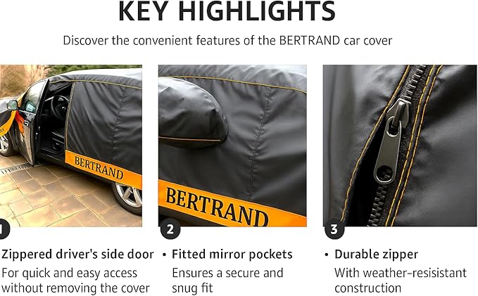 BERTRAND Premium Sedan Car Cover (179 x 69 - Size - A1) - Waterproof All Weather | Door Zipper + Mirror Pockets | Cotton-Lined | UV Protection + Reduces Hail Impact | Compact Sedans