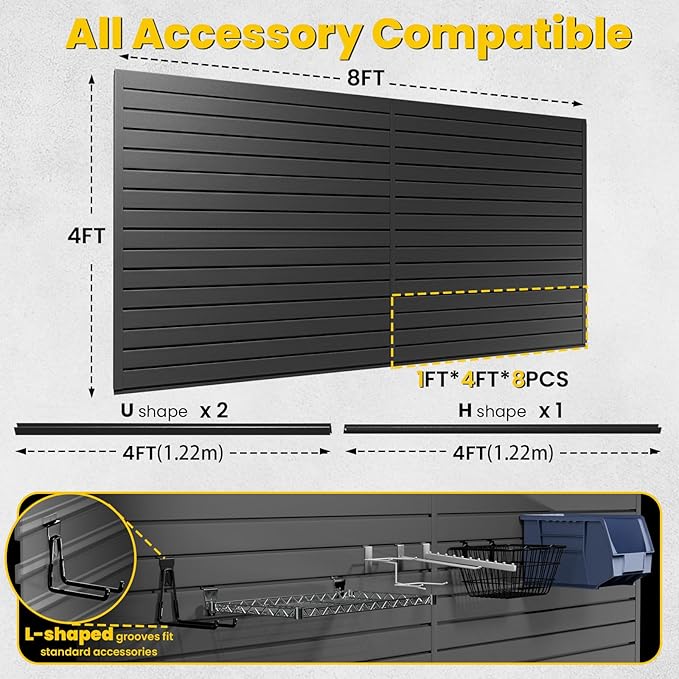 Slat Wall Paneling 4x8 FT, PVC Slat Wall Panels with 16 Hooks Heavy-Duty Garage Organization System, Slatwall Pegboard Suitable for Home、Garage、Shop Wall Display & Organization (Black)