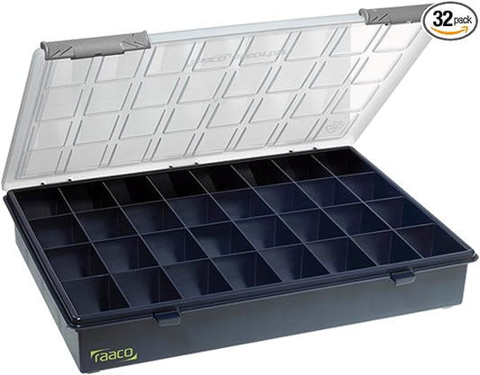 Raaco Assorter Tool Box Organizer – Full-Size – 32 Slots Fixed Grid with Semi-Transparent Lid, Polypropylene (PP) Storage Box for Screws, Nuts and Bolts, Small Parts & Hardware (Assorter 4-32)