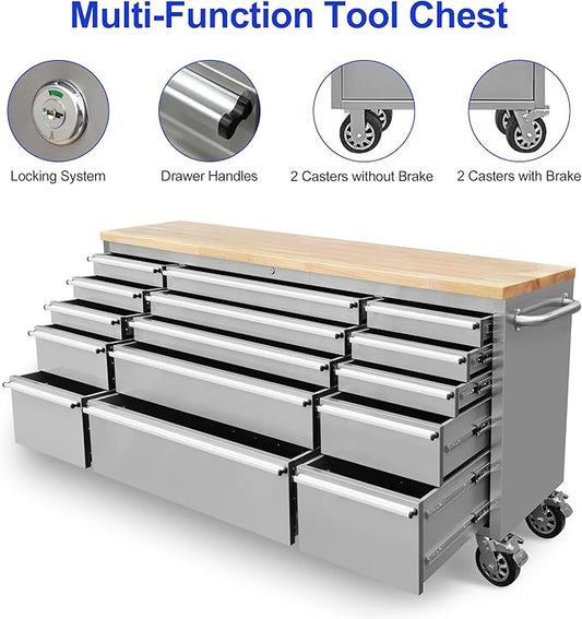 72-Inch Stainless Steel Rolling Tool Box with 15 Drawers, Heavy-Duty Mobile Garage Workbench, Lockable Large Tool Chest Storage Cabinet with Wheels for Workshop
