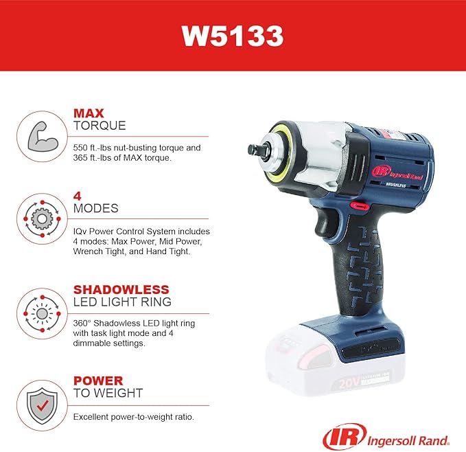 Ingersoll Rand W5133 3/8" 20V Cordless Impact Wrench, 550 ft-lb Torque, Friction Ring Retainer, Pistol, Bare Tool