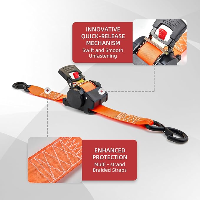 Retractable Damped Ratchet Tie-Down Straps 1800 lbs, 1in × 10ft Self-Retracting Ratchet Straps with Dampers, Heavy Duty S-Hooks, Auto Retract Strap System for Cargo, Trucks, Trailers, 2 Pack, Orange