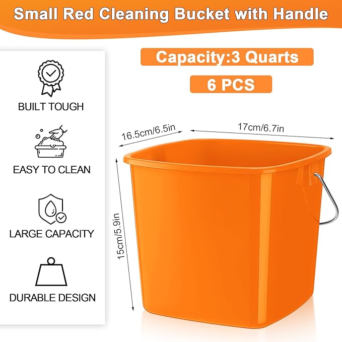 Zhehao 6 Pcs 3 Quart Bucket for Cleaning Small Sanitizer Bucket for Restaurant Square Plastic Pail with Handles for Home, Offices, Commercial Use, Food Service(Orange)