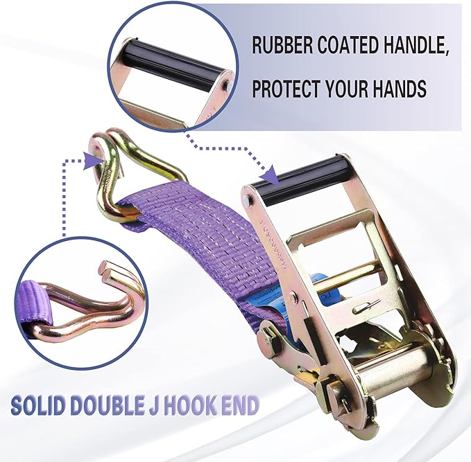 Tie-Downs Ratchet Straps 2" x 13' with Double Wires J Hook Heavy Duty Breaking Strength 10,000 lbs Working Load 3333 lbs for Trailer Cargo Car Truck ATV Transporting Pack of 4