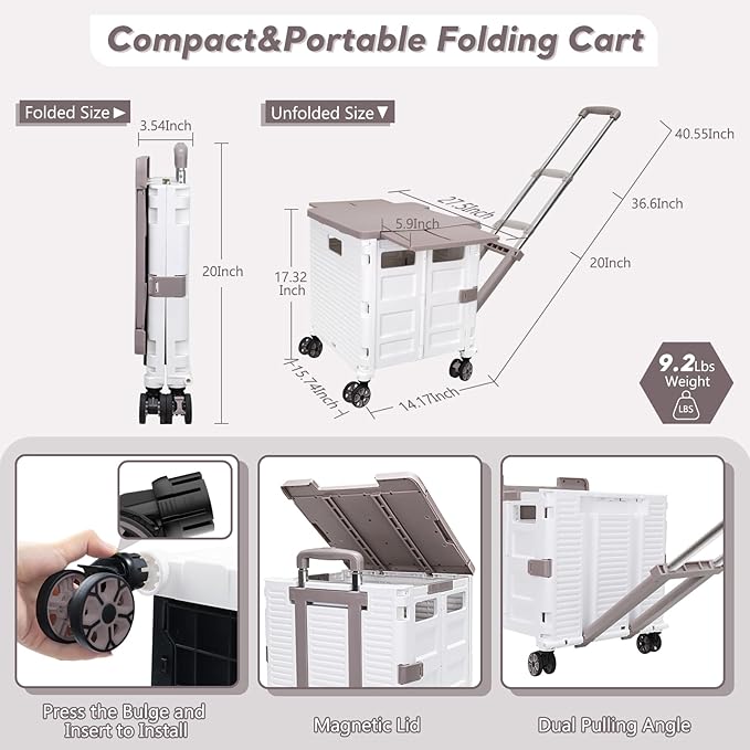 SELORSS Foldable Utility Cart Rolling Crate Handcart Shopping Cart with Rotate Wheels Extended Magnetic Lid Telescoping Handle Adjustable Angle for Transports Groceries Office Teacher File(White)