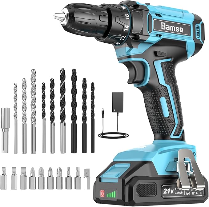 21V Power Drill Cordless, Bamse Electric Drill Set with 2.0Ah Battery Charger, 3/8”Keyless Chuck, 2 Variable Speed, 18+1 Torque, 20pcs Driver Bits and Belt Hook for DIY Projects, Blue