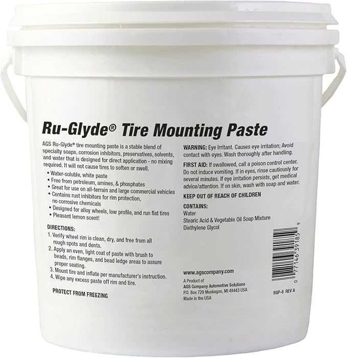 AGS Ru-Glyde Tire Mounting Paste - 8lb Pail - Premium Quality Tire Mounting Lubricant, Ensures Smooth, Efficient Tire Installation - Perfect for Automotive/Industrial Use - Prevents Rim/Tire Damage