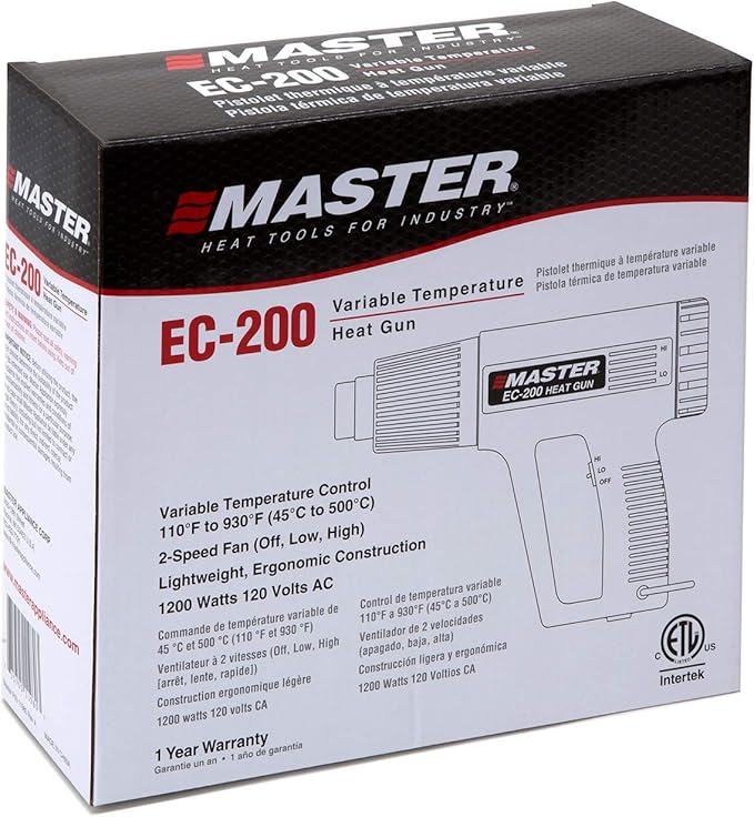 Master Appliance EC-200 Variable Temperature Heat Gun, Hot Air Gun, 120V, 10 Amps, 1200W, for shrink wrap, wire connectors, shrink tubing, crafts, stripping paint