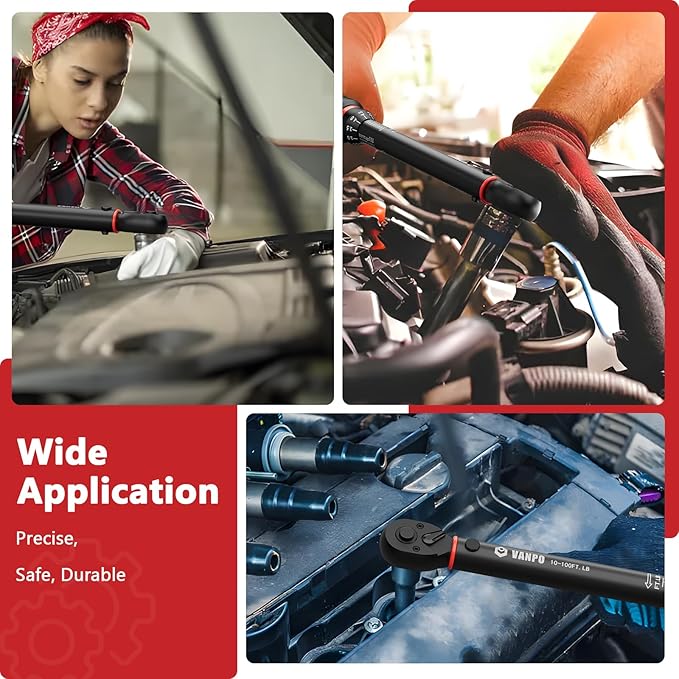 VANPO Torque Wrench 3/8-Inch Drive 10-100 Ft-Lb/13.6-135.5Nm Click Type for Motorcycle, Car & Small Machinery Maintenance - TPR+ABS Handle, ±3% Precision, 72-Tooth Ratchet,with Portable Case