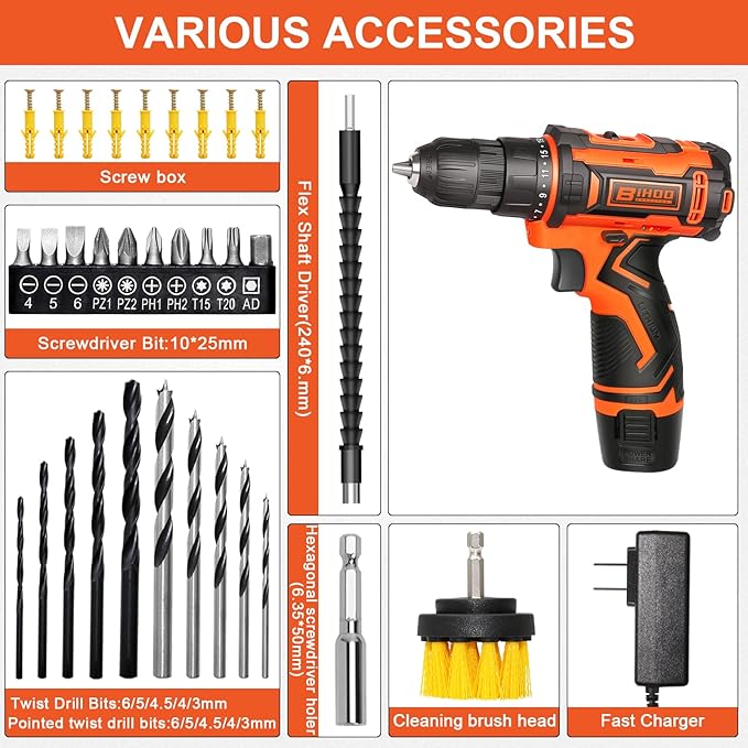 Cordless Drill Driver Set 12V,3/8"Keyless Chuck Battery Drill Kit,2 Variable Speed and 43pcs Drills Bits for Home DIY