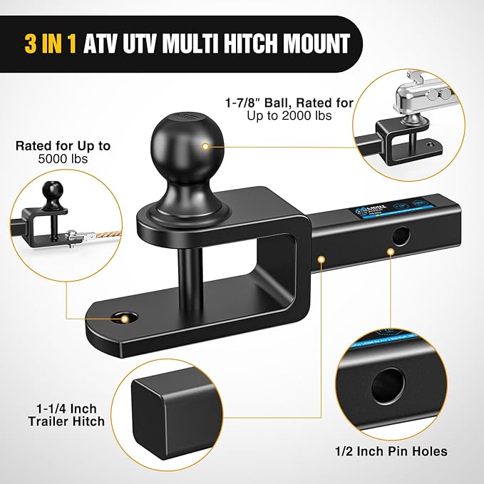 Nilight 3 in 1 ATV UTV Multi Hitch Mount with 1-7/8 inch Ball Hitch Rated 2000 LBS Fits 1-1/4 Inch Receiver Winch Strap Loop Rated 5000 LBS