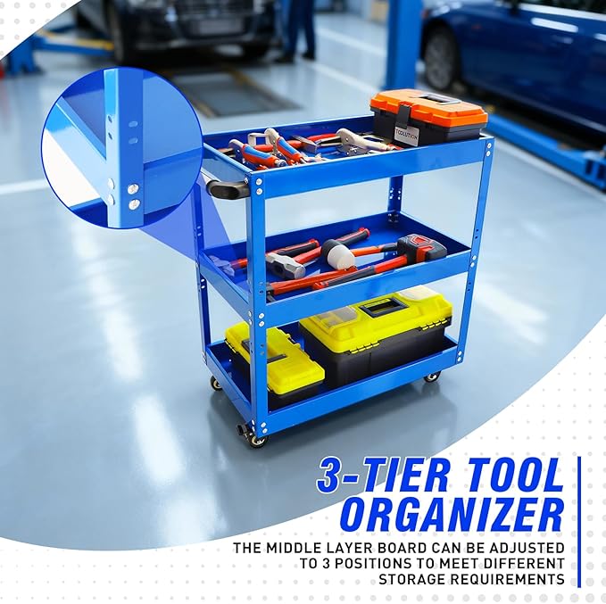 3 Tier Rolling Tool Cart with Wheel - Heavy Duty Metal Utility Shop Carts Organizer Mobile Tool Storage Service Small Work Cart for Maintenance Garage Mechanics Industrial