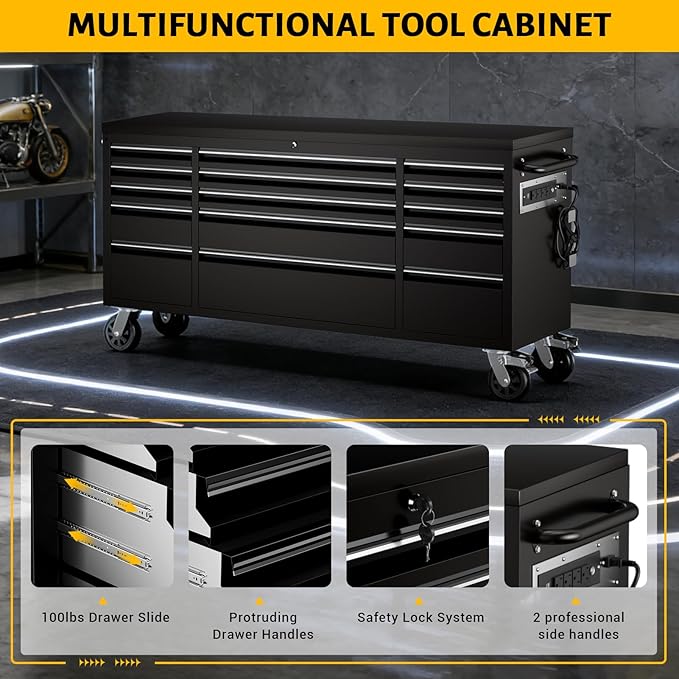 CHETTO C 72-inch Rolling Tool Chest Cabinet Mobile Workbench with 15 Storage Drawers and Wheels, Outlet Black Tool Box for Garage