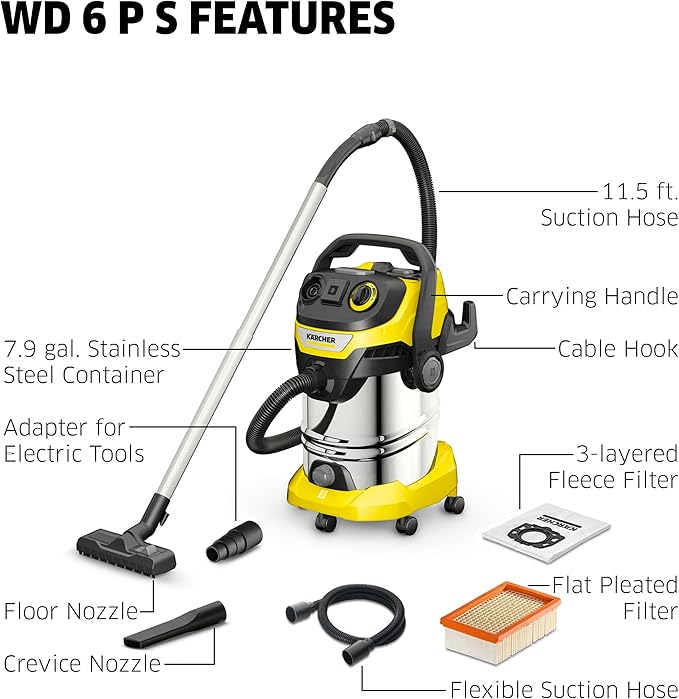 Kärcher Shop Vacuum WD 6 P S, 7.9 Gal, 6.2 Peak HP, 37 ft Reach, Wet Dry Vacuum Cleaner, Heavy Duty, Blower Function, Crevice Tool, Floor Nozzle Great for DIY Projects and Workshops