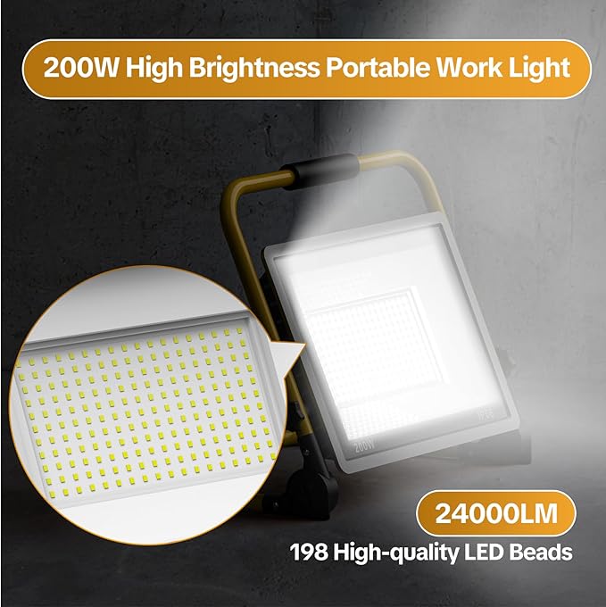 AIKVSXER 24000LM Led Work Light, 200W 6000K Portable Flood Light with 16.4FT Cord & Switch, IP66 Waterproof Worklight for Indoor Outdoor Job Site Repairing Garage Workshop, Gifts for Man