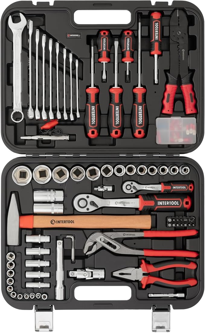 INTERTOOL Metric Tool Set, 100-Piece, 1/4” & 1/2” Drive Sockets, Wrenches, Electrical Tools, Screwdrivers, Bits, Pliers, Hammer, Car, Home, Repair, Mechanic Kit, DIY, Gift ET08-8100