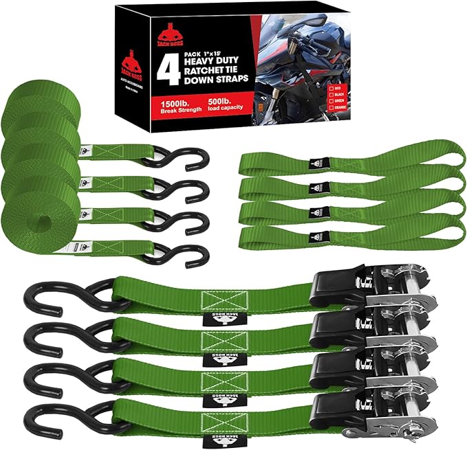 Jack Boss Ratchet Tie Down Straps Set,1500 lbs Break Strength, 1" x 15' Heavy Duty Ratchet Straps with 4X Soft Loops Padded Handles Coated S Hook, Fits for Moving Appliances Motorcycle ATV Truck,Green