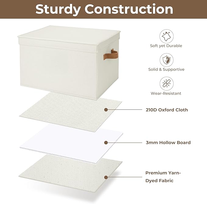 StorageWorks Storage Bins with Lids, Decorative Storage Boxes with Lid and PU Handles, Foldable Storage Baskets for Closet, Shelves, Stackable, Ivory, Jumbo, 3-Pack