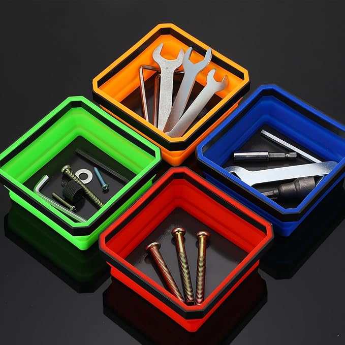 Barydat 10 Pcs Magnetic Tool Tray Collapsible Foldable Parts Trays Set Magnetic Screw Tray Magnetic Parts Bowl Square Silicone Magnetic Tool for Bolts Nuts Washers Pins Screw Parts (Classic Color)