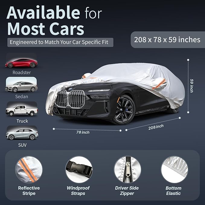 Car Cover Waterproof All-Weather,Heavy-Duty Outdoor Full Exterior Automobiles Snow Cover for Sedan 204-208 inch,with Sun Visor,Anti-Scratch Cotton Lining & Zippered,Towel&Storage Bag