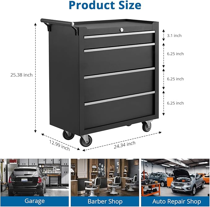 GarveeLife 4-Drawer Tool Box 24" Garage Tool Box with Key Lock and Removable Drawer Liners, Wheeled Design, Suitable for Garages, Warehouses, Workshops, and Repair Shops - Black