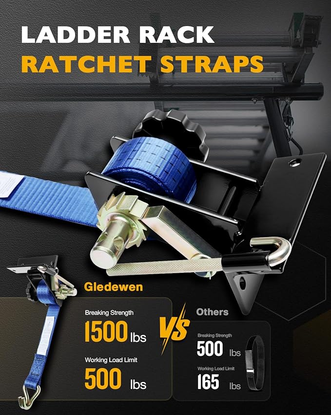 Lumber Rack Ratchet Straps, W/J-Hook (2PCS), 1.4" Black Square Tube Mount, 1.5" Wide x 7.5' Long, Blue Ladder Rack Ratchet Straps, 500 lbs Load Heavy Duty, Truck Rack Straps, Pipe/Roof Rack Strap