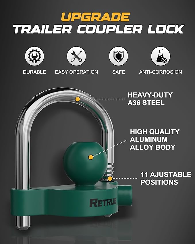 RETRUE Universal Coupler Lock Trailer Locks Ball Hitch Trailer Hitch Lock Adjustable Security Heavy-Duty Steel Fits 1-7/8 Inch, 2 Inch, 2-5/16 Inch Couplers, Green