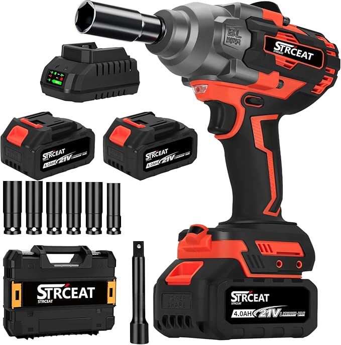 STRCEAT 1/2" Cordless Impact Wrench 1000N.m (737ft-lbs),21V Brushless High Torque Impact Gun with 2×4.0Ah Batteries,6 Sockets,Extension Rod,LED Light for Truck Mower Car Industrial Repair