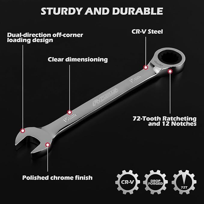 Premium 24-Piece Ratcheting Wrench Set, SAE & Metric Combination Wrenches, 8-19mm / 1/4"-7/8", 72-Tooth Ratchet Spanners, Chrome Vanadium Steel with Roll-Up Pouch for Mechanics