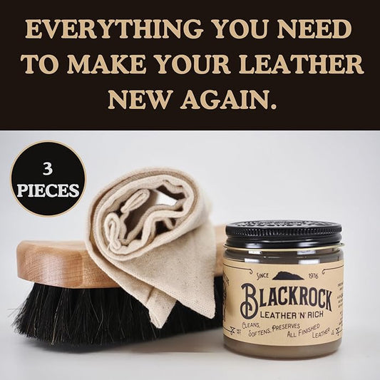 Blackrock Leather N Rich Leather Care Kit. 2-in-1 cleaner and conditioner for sofas, boots, purses, car interiors, horse tack. Made in the USA. Easy to use. Make your leather last longer.