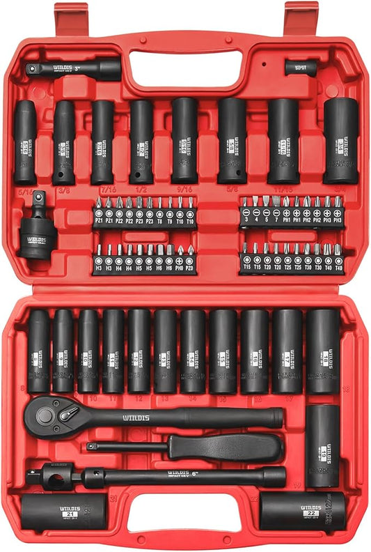 WIILDIS 70pcs 3/8" Drive Impact Socket Set,Standard SAE(5/16 to 3/4-Inch) Metric Size(8-22mm), CR-V Steel Deep Socket Kit, Adapters, Ratchet Handle, Screwdriver Bit Set, Sliding T Bar, 6 Point