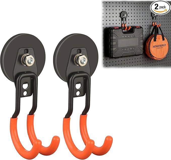 ULIBERMAGNET New Updated Garage Strong Magnetic Hooks, 2 Pack Heavy Duty Large J Hooks with Magnet, Anti-Slip Coating Magnet Hooks for Garden Tools, Ropes,Drill