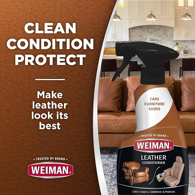 Weiman Leather Cleaner & Conditioner - Cleans, Restores & Protects Leather, UV Protection Prevent Cracking & Fading, For Car Seats, Sofas, Shoes, Bags & All Finished Leather Surfaces, 2 Pack, 22 FL Oz