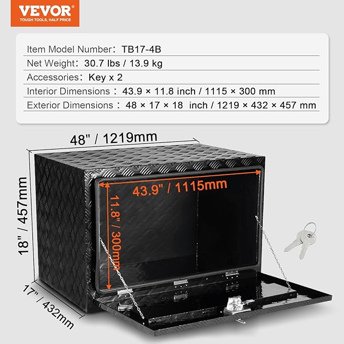VEVOR Underbody Truck Box, 48"×17"×18" Pickup Storage Box, Heavy Duty Aluminum Diamond Plate Tool Box with Lock and Keys, Waterproof Trailer Storage Box with T-Handle Latch for Truck, Van, Trailer